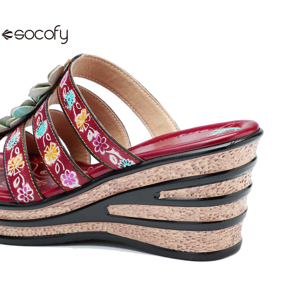 Socofy Summer Leather Vintage Flower Slope Heel Sandals Slippers