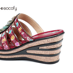 Socofy Summer Leather Vintage Flower Slope Heel Sandals Slippers