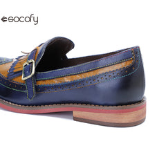 Socofy Genuine Leather Women's Retro Colorblocking Tassel Flat Comfort Loafers