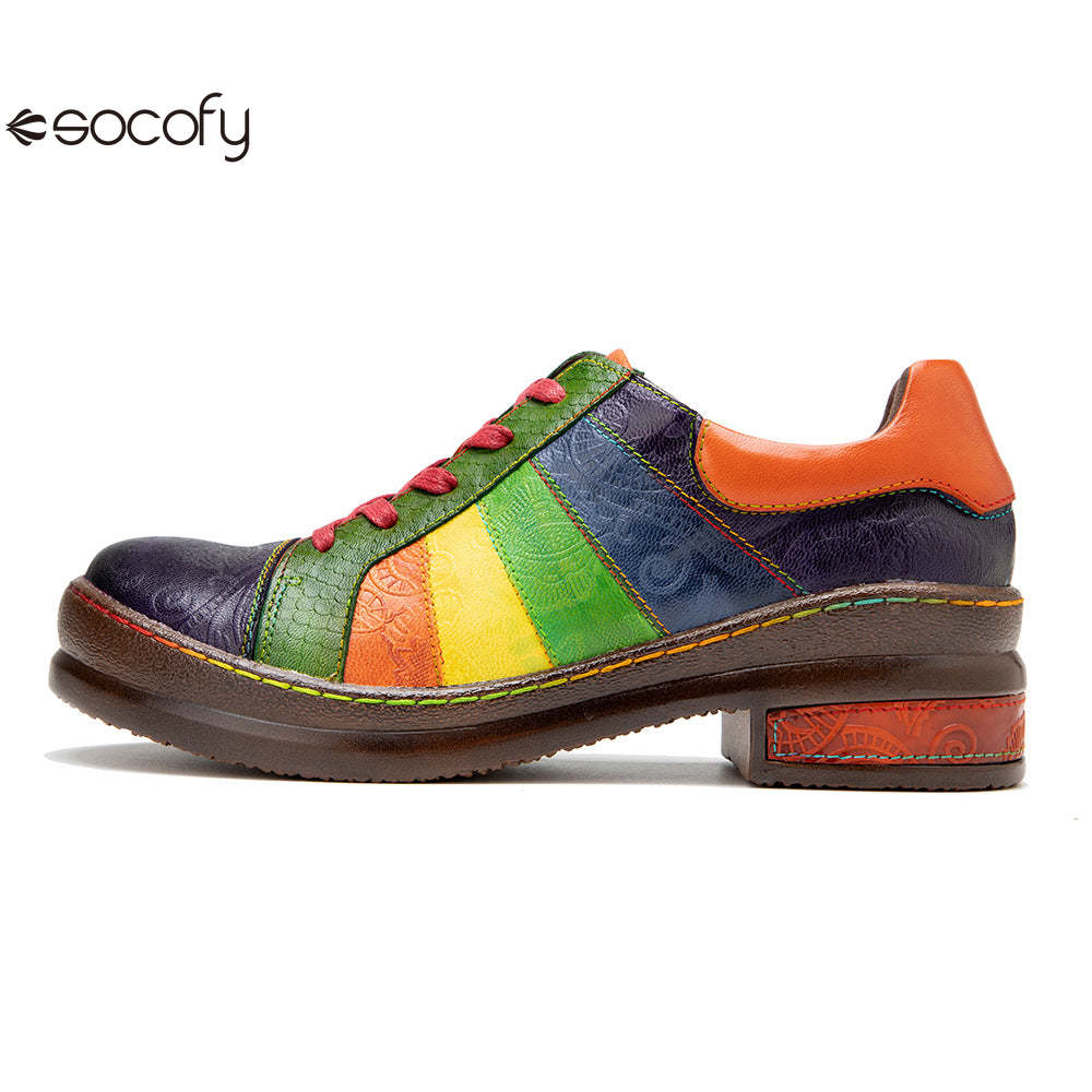 Socofy Colour Patchwork Genuine Leather Women's Flat Shoes