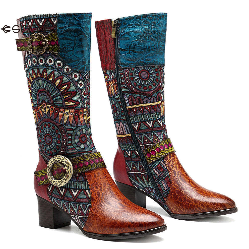 Socofy pointed-toe adhesive-soled high-top cowhide bohemian ethnic style fashion boots