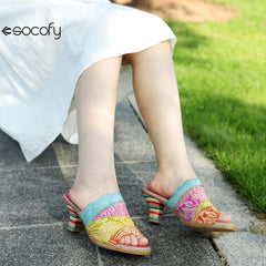 Socofy Summer Leather Vintage Colour Block High Heeled Sandals