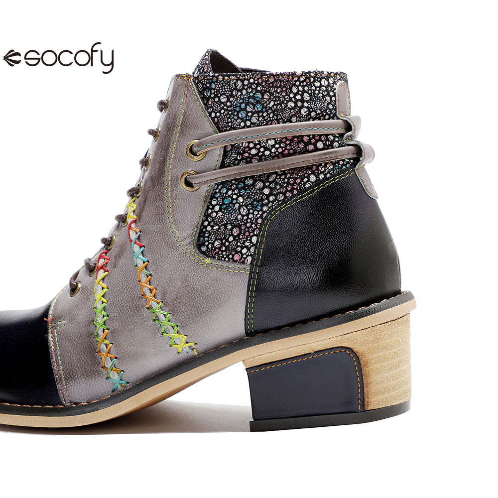 Socofy Vicconfy Handmade Leather Scuffed Vintage Women's Boots