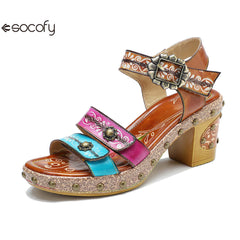 Socofy Summer Leather Retro Rivet Clash Colour High Heeled Sandals