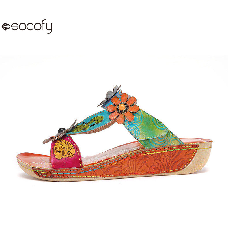 Socofy Vicconfy Loose Round Toe Handmade Cubic Flower Ethnic Flat Sandals