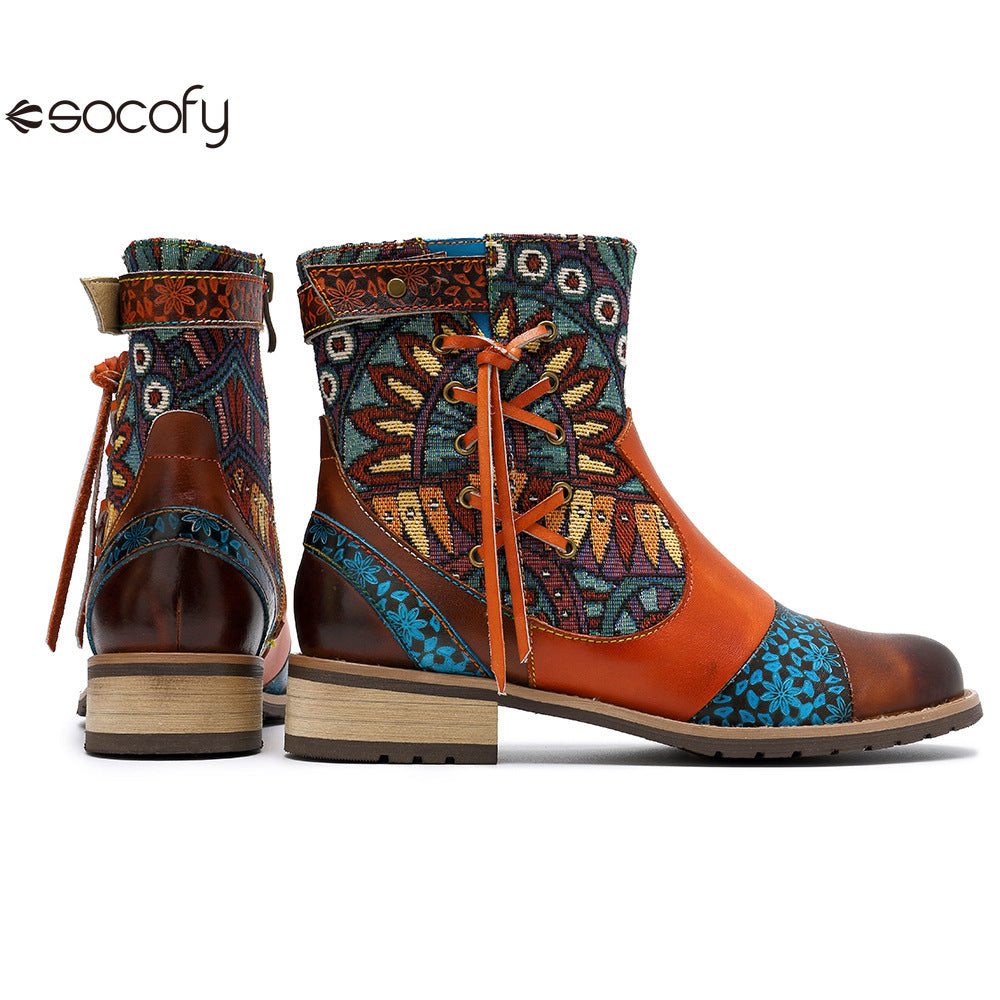 Socofy Vicconfy Genuine Leather Fringe Vintage Boots Flat Boots