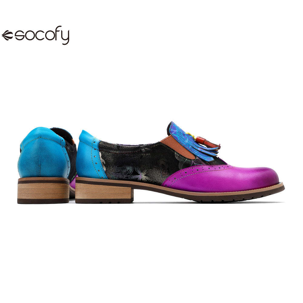 Socofy retro tassel Deco leather women's flat shoes