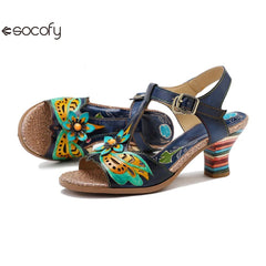 Socofy Genuine Leather Hand-painted Retro Contrast Comfortable High Heeled Sandals