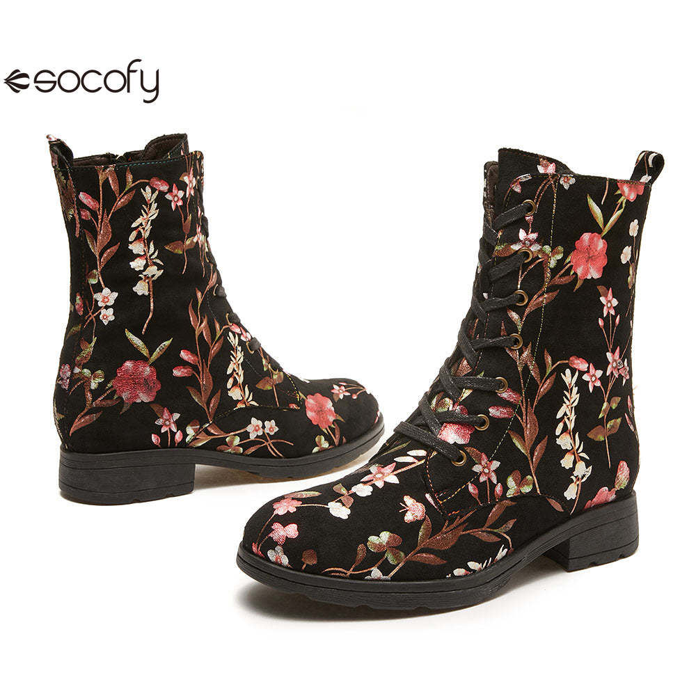 Socofy Autumn and winter warm and wear-resistant mid-calf round-toe cowhide leather fashion boots