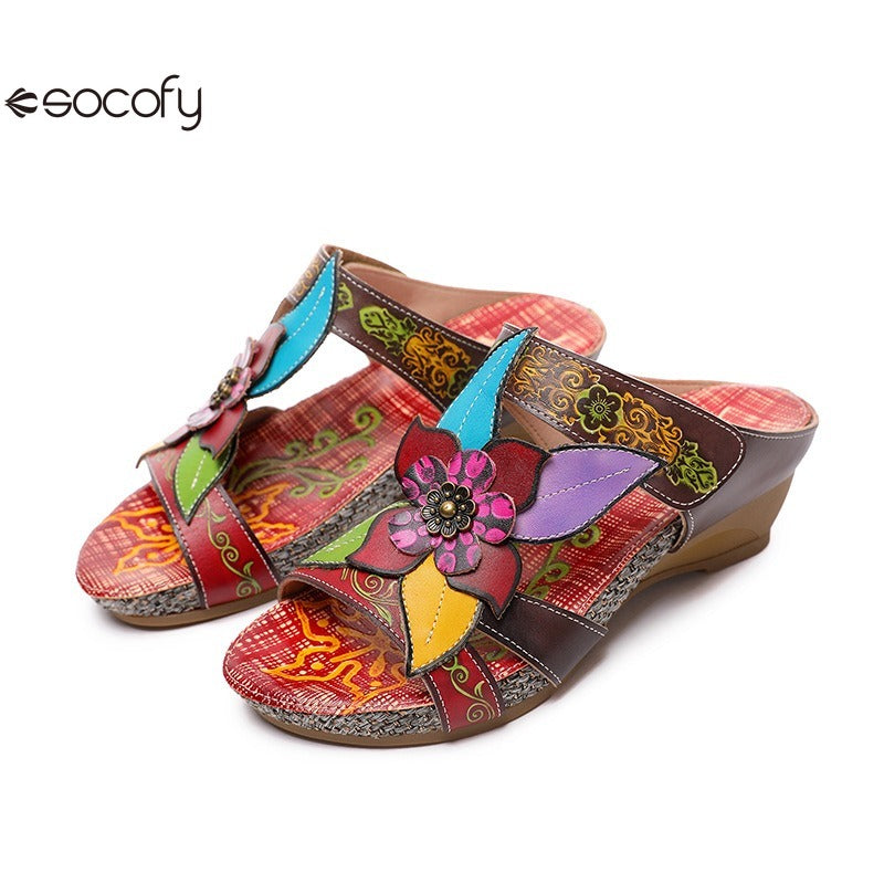 Socofy genuine genuine leather bohemian floral vintage sandals