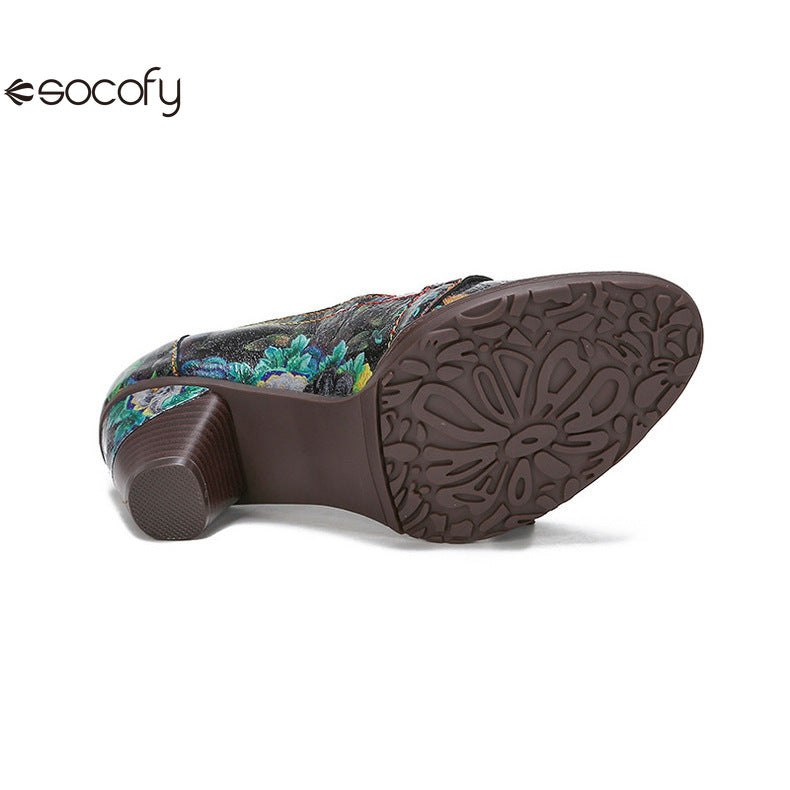 Socofy Vicconfy Round Toe Cowhide Leather Fashion Single Shoes Vintage Flower Heels Women's Shoes