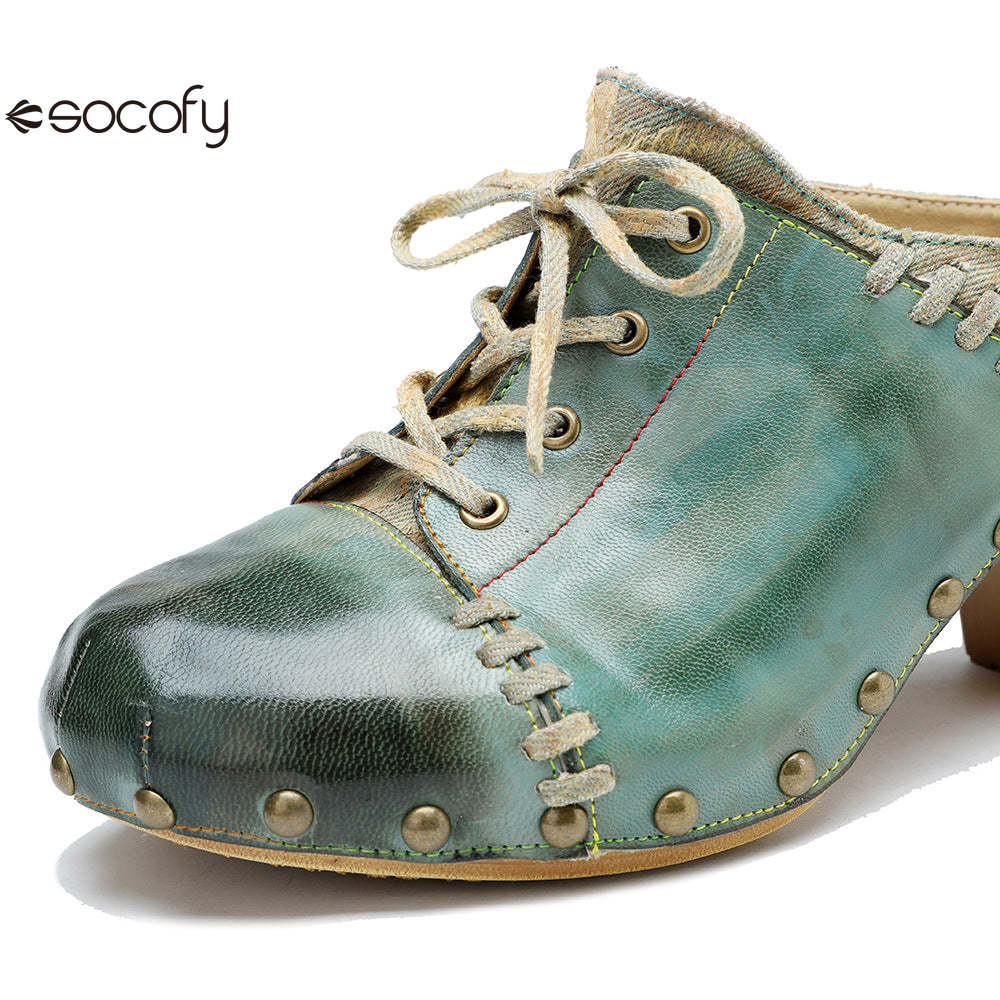 Socofy Leather Retro Street Style Rivet Chunky Heeled High Heels