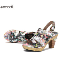 Socofy Vicconfy Leather Floral Heeled Black Sandals