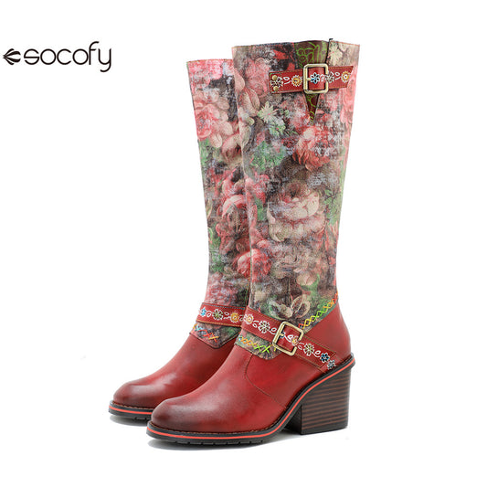 Socofy Vicconfy Handmade Color Rubbed Leather Printed Belt Buckle Chunky Heel Women's Boots 1000