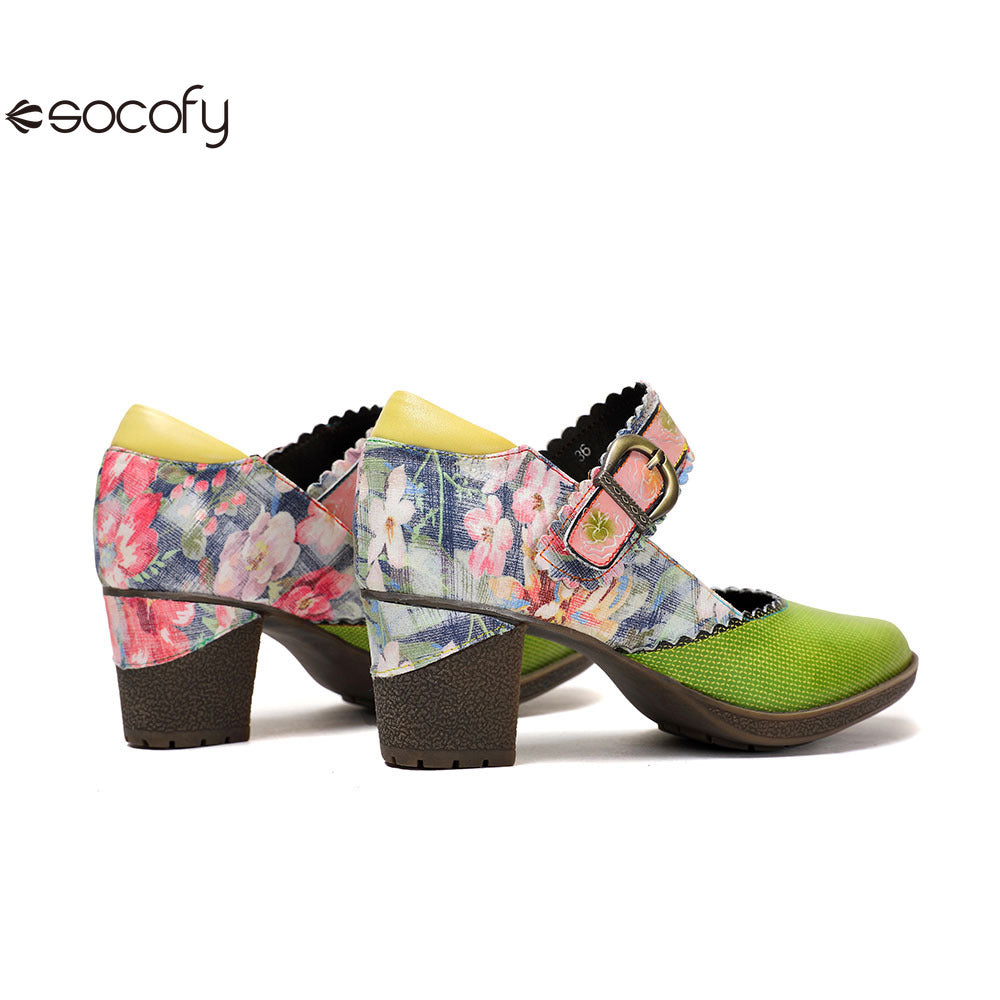 Socofy Vicconfy Floral Leather Women's Mary Jane Heel