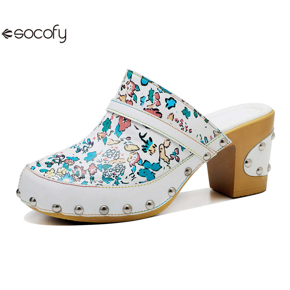 Socofy Handmade Leather Crushed Flower Rustic Casual Fashion Comfortable High Heeled Sandals