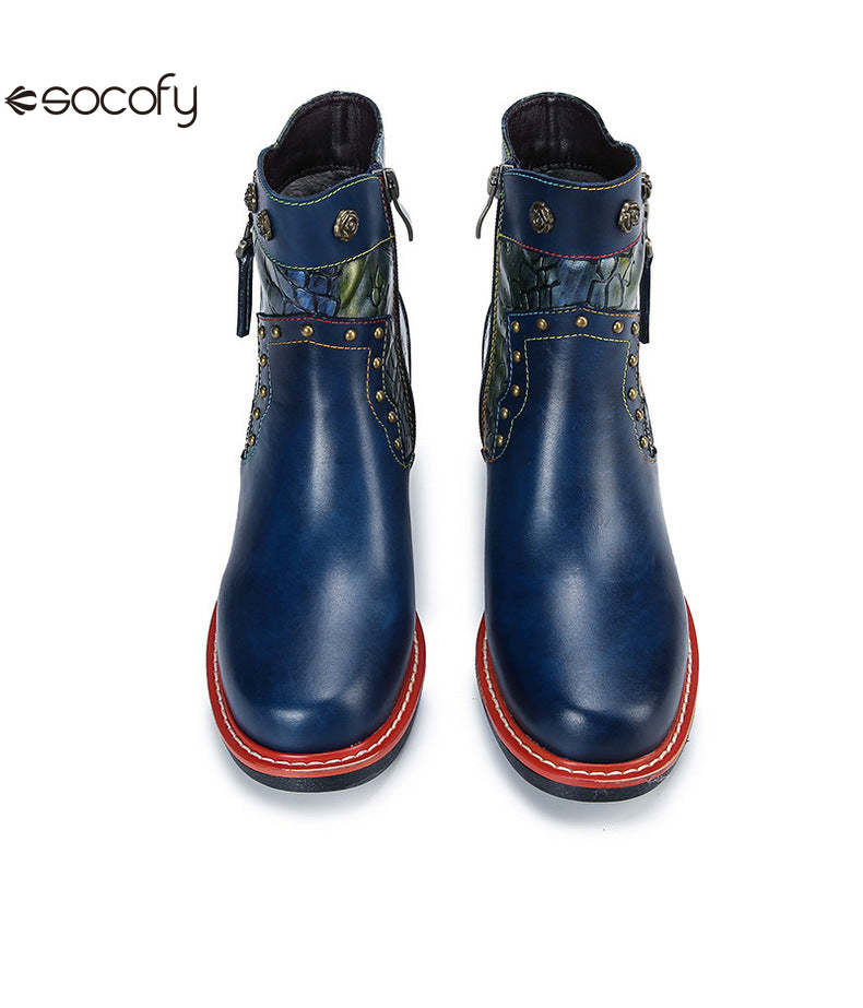 Socofy Vicconfy Women's Martin Boots Leather Patchwork Ethnic Vintage Short Boots