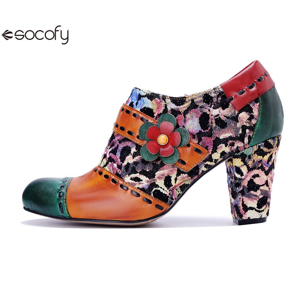 Socofy Genuine Leather Vintage Floral Chunky Heeled Women Pumps