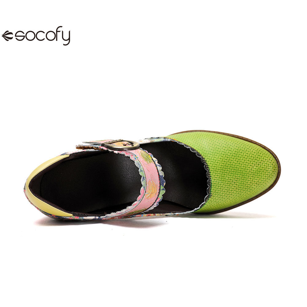 Socofy Vicconfy Floral Leather Women's Mary Jane Heel