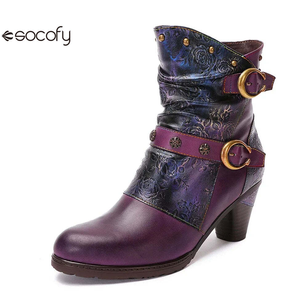 SOCOFY  Genuine Leather Retro Handmade Embossed Fashion Zip Winter Short Boots