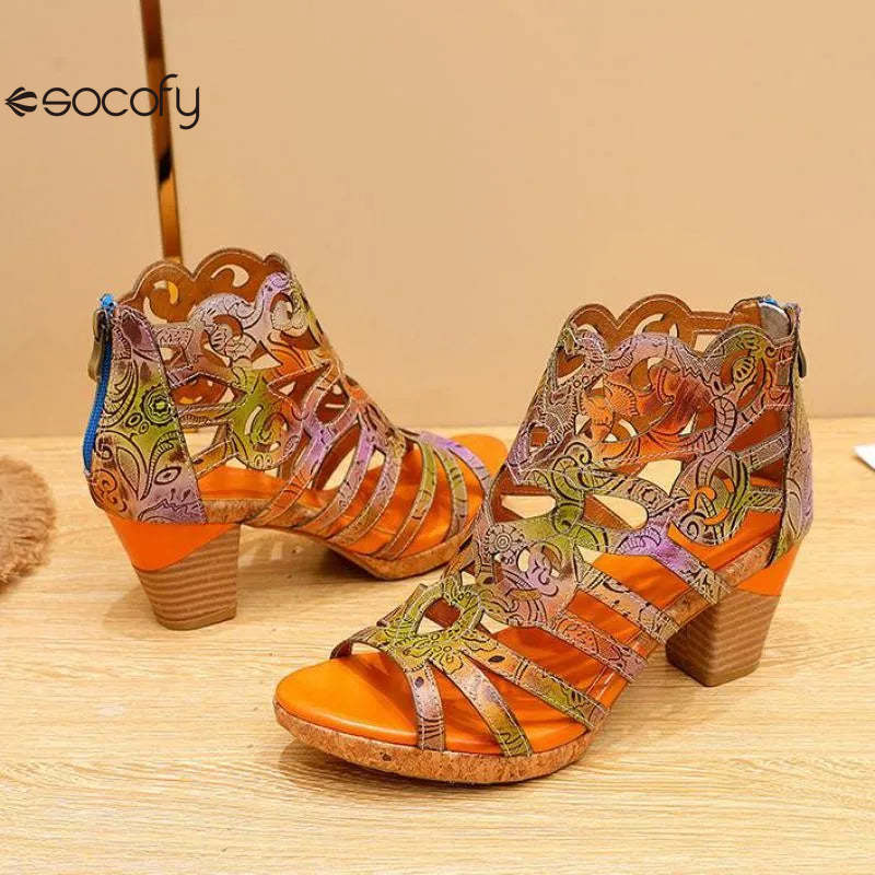 Socofy Genuine Leather Hand-painted Retro Sewing Zip Casual Handmade Sandals