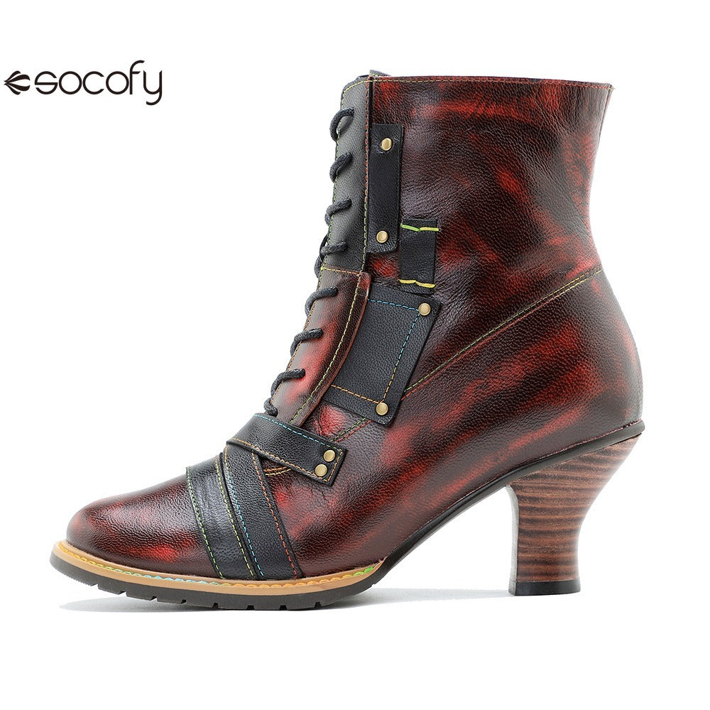 Socofy Leather Vintage Boots High Heeled Boots