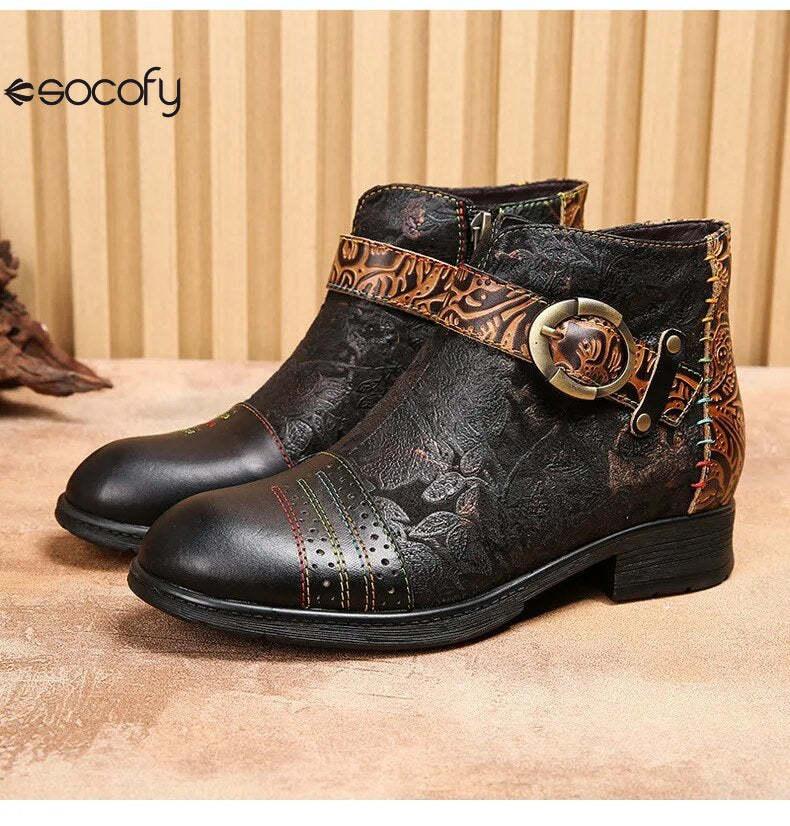 SOCOFY Genuine Leather Ethnic Style Round Toe Belt Buckle Handmade Embossing Short Boots