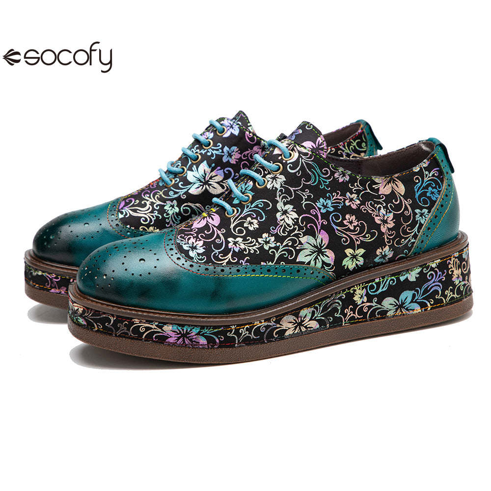 Socofy lace up deco casual shoes retro thick shoes Platform Flats