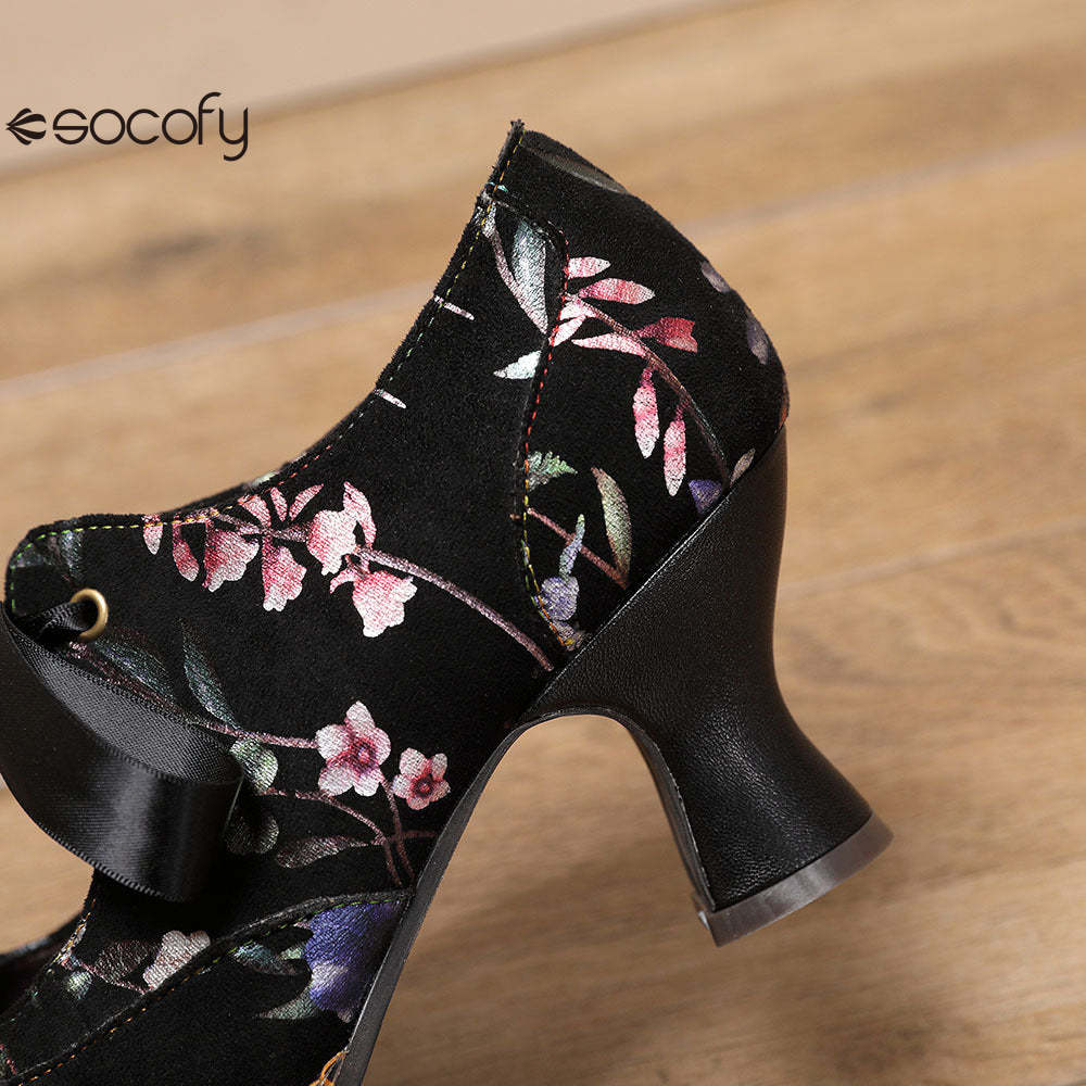 Socofy Flower Antique Style High Heel Round Toe Women's Shoes