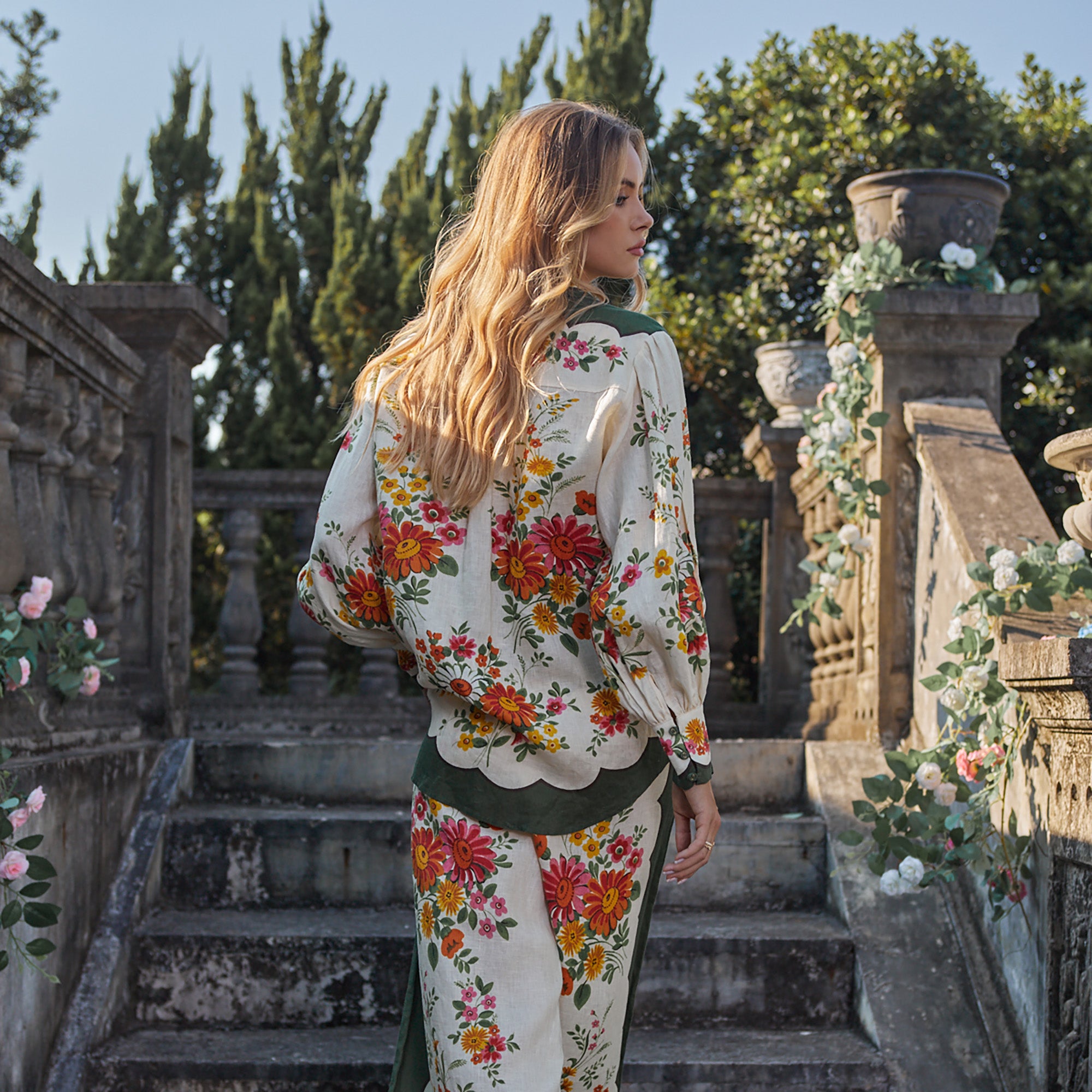 Linen positioned floral H-line long sleeve shirt Vacation long pants suit