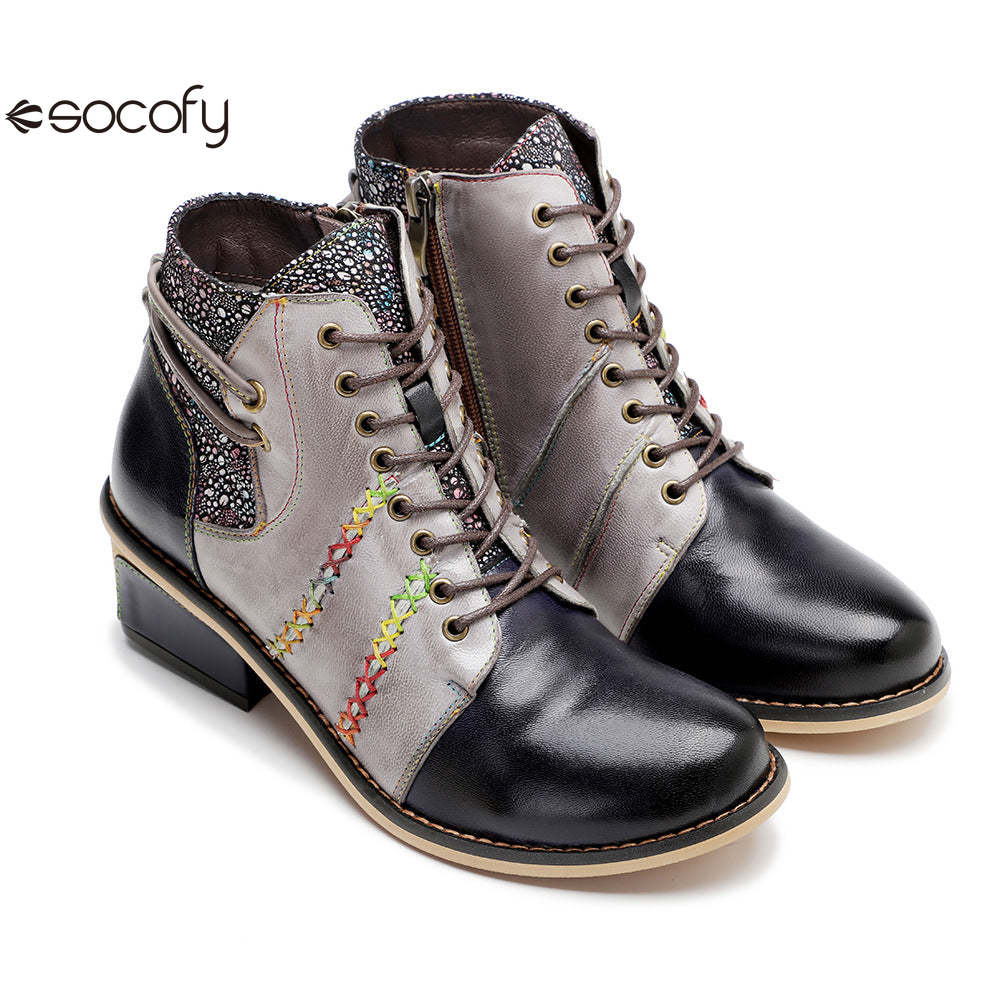 Socofy Vicconfy Handmade Leather Scuffed Vintage Women's Boots