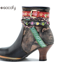 Socofy Vicconfy Genuine Leather Vintage Braided Belt Buckle Boots