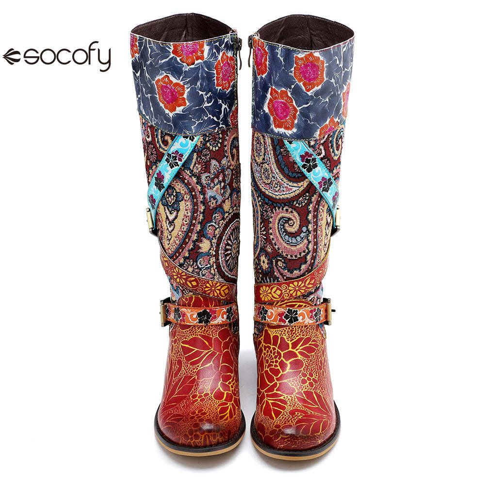 Socofy Leather Vintage Print Chunky Heel Knee Women's Boots