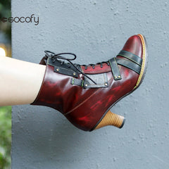 Socofy Leather Vintage Boots High Heeled Boots