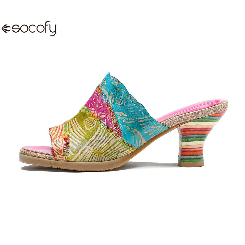 Socofy Summer Leather Vintage Colour Block High Heeled Sandals