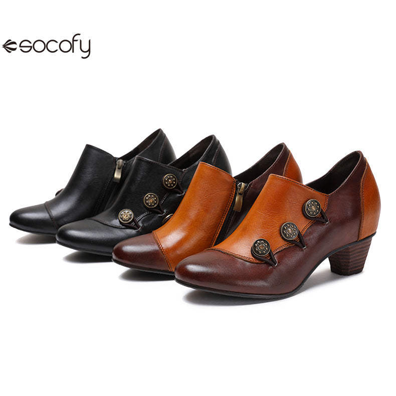 Socofy Vicconfy Genuine Leather Ethnic Style Handmade Vintage Literary Buckle Heels