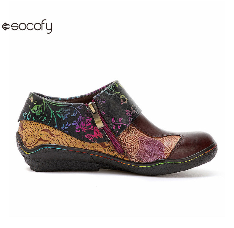 Socofy Vicconfy Ethnic Flower Leather Handmade Flat Shoes Low Heeled Single Shoes