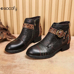 SOCOFY Genuine Leather Ethnic Style Round Toe Belt Buckle Handmade Embossing Short Boots