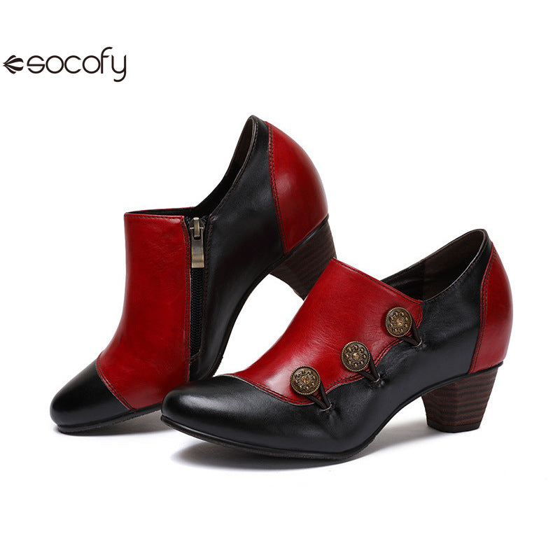 Socofy Vicconfy Genuine Leather Ethnic Style Handmade Vintage Literary Buckle Heels