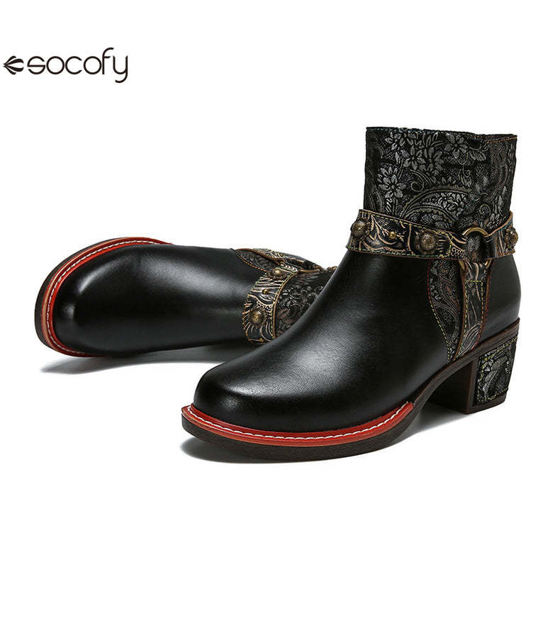 Socofy Vicconfy Ethnic Women's Leather Boots Side Zipper Fashion Boots