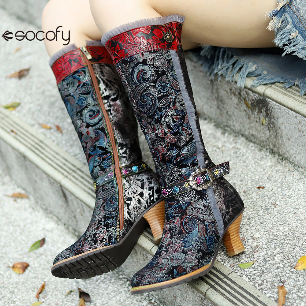 Socofy Genuine Leather Vintage Boots Warm Lace Side Heeled Boots