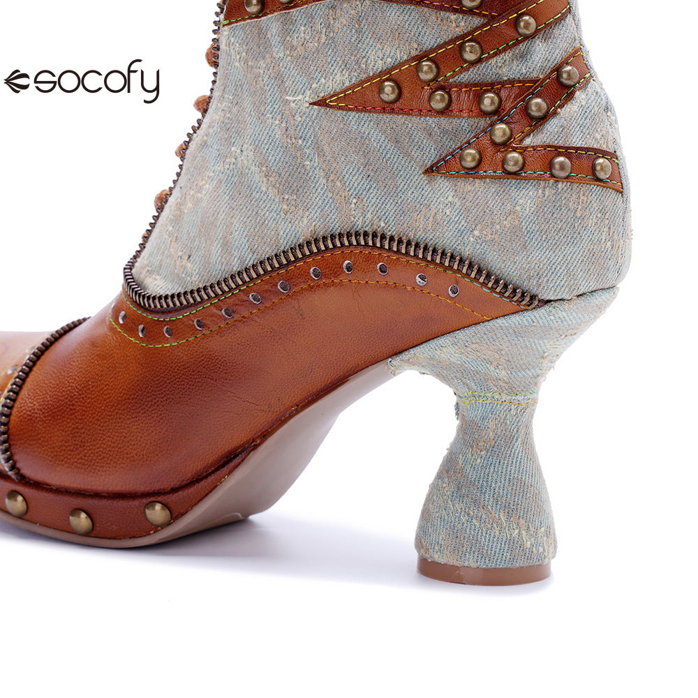 Socofy Vicconfy Retro Handmade Pachwork Fashionable Ankle Boots