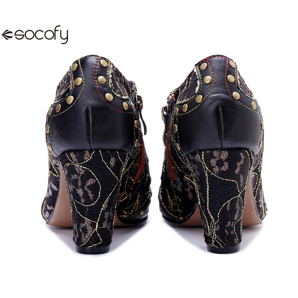 Socofy genuine leather Women's Leather Rivet Retro Fashion High Heeled Shoes