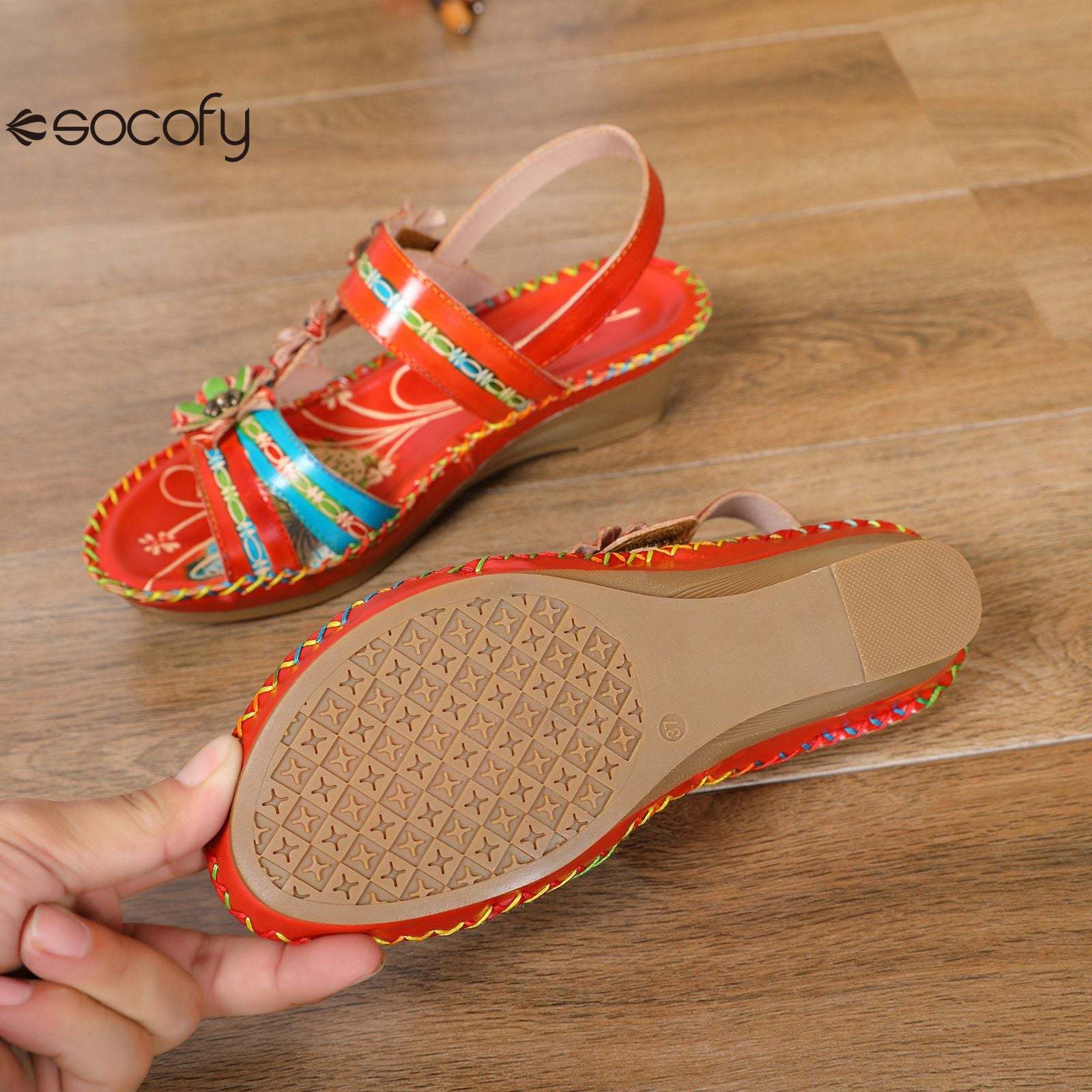 Socofy Vicconfy Summer genuine leather ethnic style wedge heel retro casual fashion flower decorated sandals