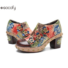 Socofy Genuine Leather Vintage Floral Dimensional Flower Comfortable Pumps