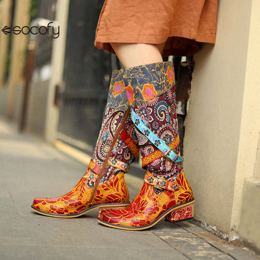 Socofy Leather Vintage Print Chunky Heel Knee Women's Boots 1000