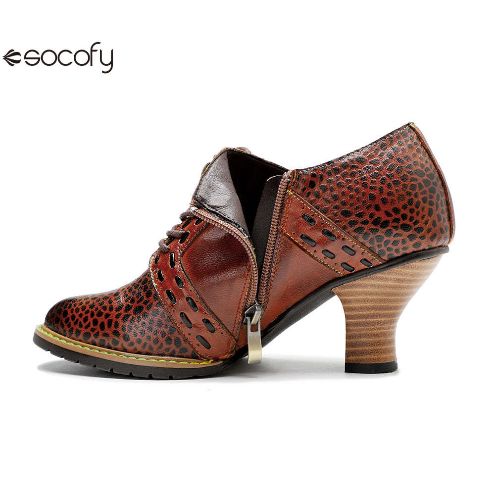 Socofy Leather Leopard Print Lace Up Women's High Heels