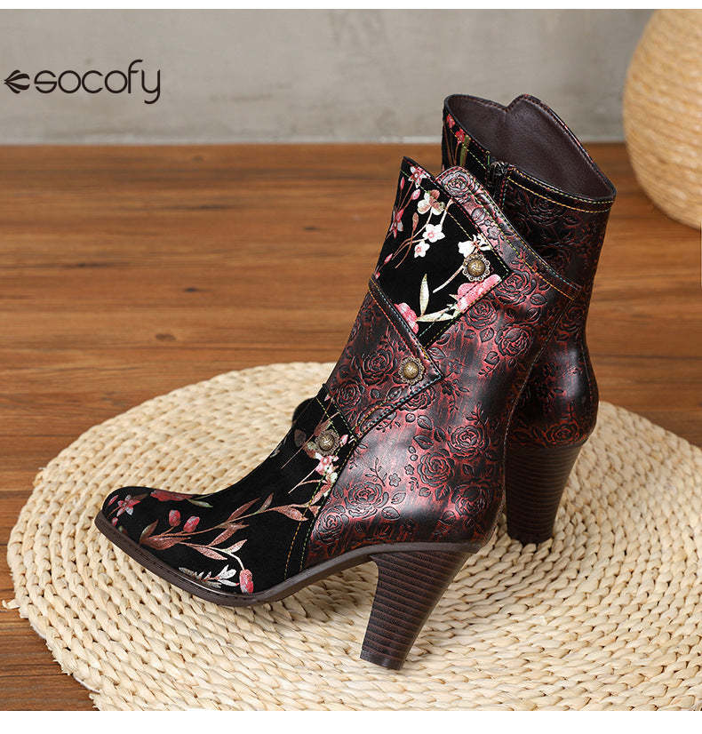 Socofy Vicconfy Court Leather Vintage Handmade High Heel Women's Boots