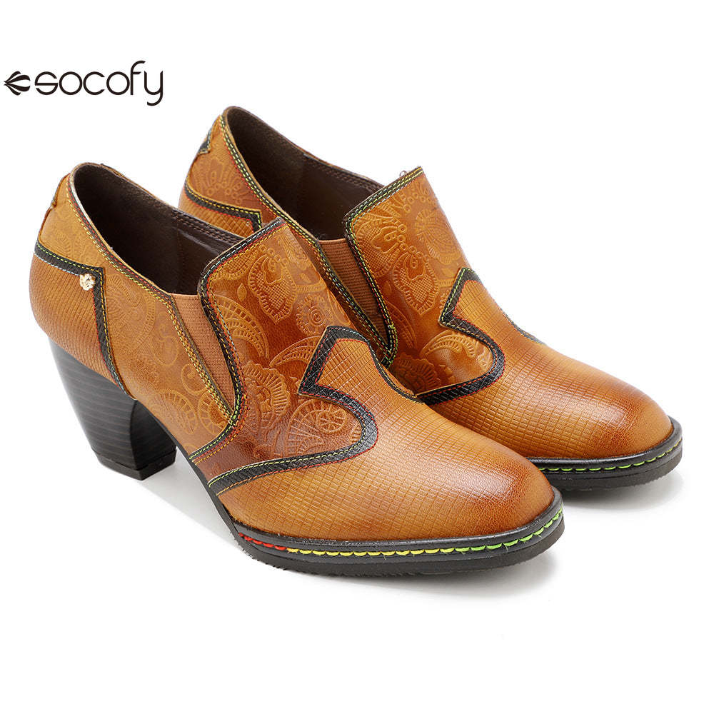 Socofy genuine leather retro style women's thick heel high heels