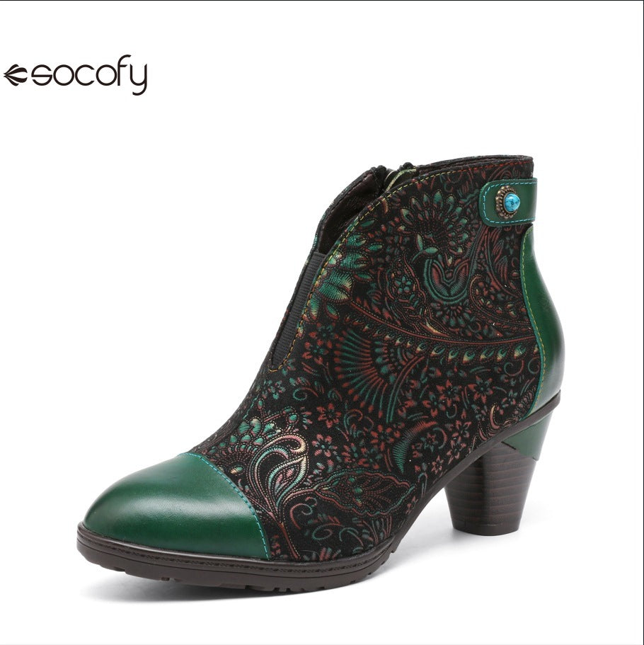 Socofy Vicconfy Vintage Floral Handmade Heeled Ankle Boots